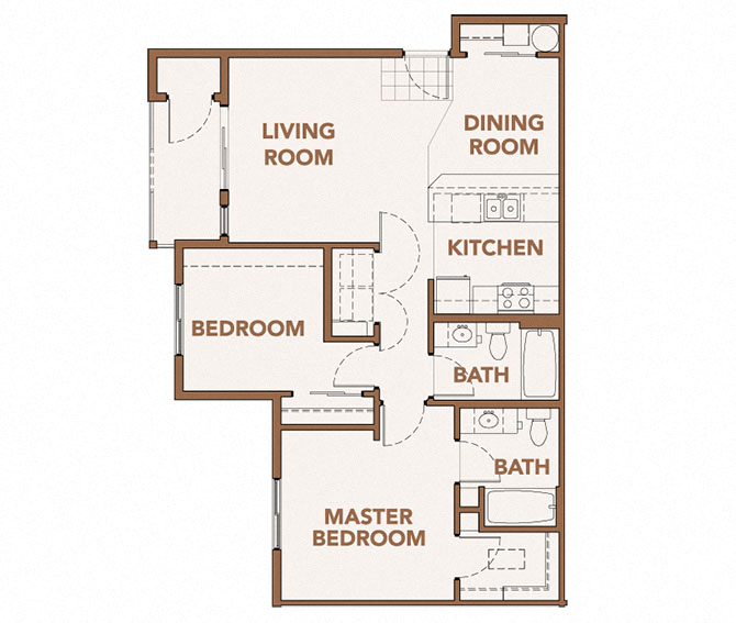 Floor plan for 2 beds, 2 baths, 932 sqft